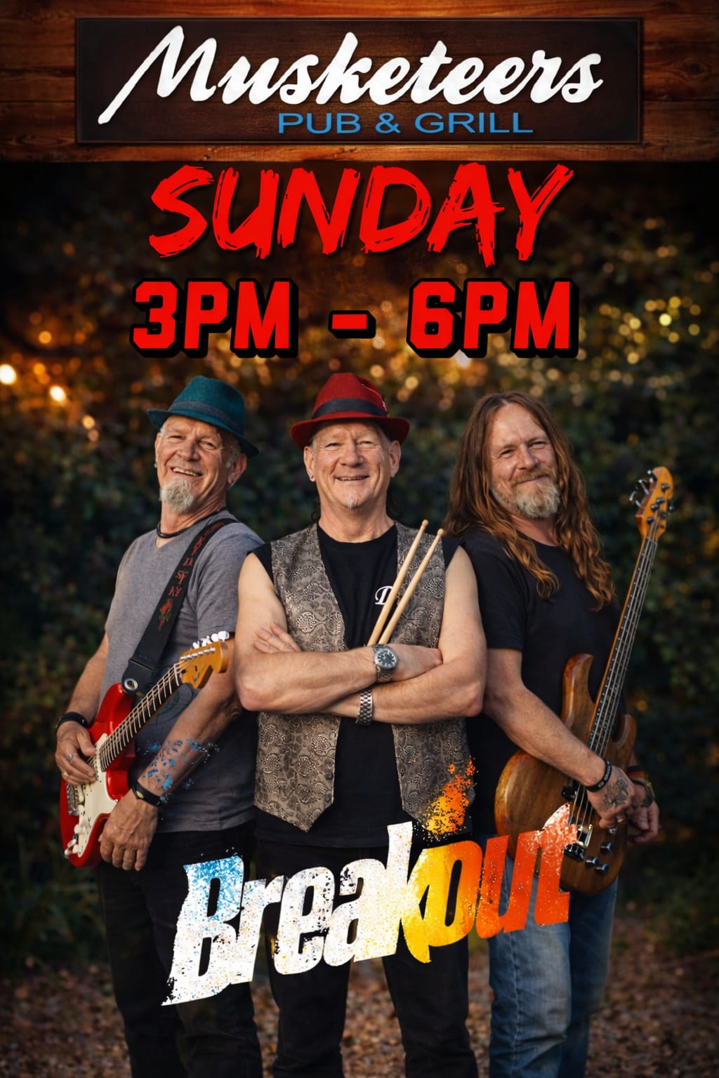 Join us for a delicious Sunday Roast, great house drink specials 🍹, Breakout playing live from 3pm