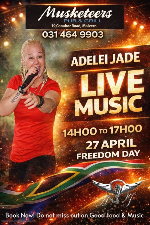 Spin your Freedom Day 🇿🇦 ￼at the Musketeers, with Adelei Jade playing live from 14:00 - 17:00. Loads of house specials available and the kitchen will be open.