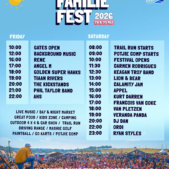 Familie Fest 2026 🎉😍🌳 Welcome to a world of Family Friends & Celebration as we discover a wide range of activities including live music from some of SA's biggest artists. Join us at the NU Driving Range on 29 & 30 MAy for an epic weekend of festivities. Tickets are selling fast and available at utickets or webtickets.