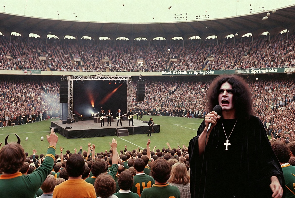 Black Sabbath performs a legendary live show on a makeshift stage in the middle of Durban’s Kings Park Rugby Stadium. Ozzy Osbourne, in full black robes and cross, belts out vocals in the foreground while Tony Iommi, Geezer Butler, and Bill Ward rock behind him. The massive crowd of South African rugby fans (many in Springboks jerseys) mixes metal horns with stadium cheers, as rugby balls fly through the air and a giant banner reads “Black Sabbath vs Springboks.” The retro cinematic style captures the chaotic, smoke-filled energy of a heavy metal invasion of a rugby field.