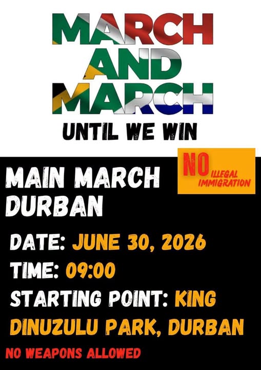 The March and March organization has revealed that their march will be 30 June and the year will start at King Dinizulu Park which is on Point road