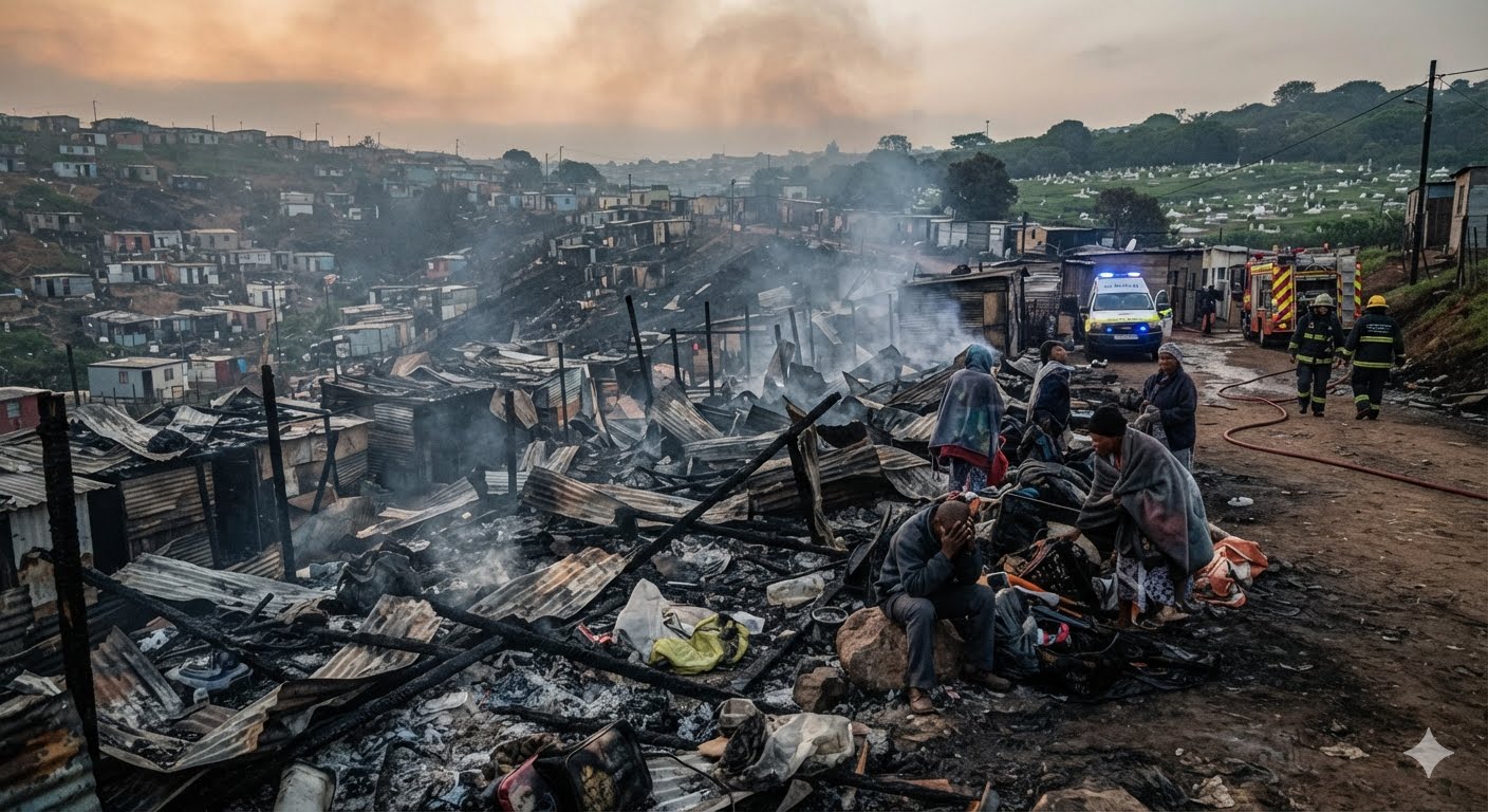 A devastating fire broke out in the early hours of Saturday, 4 July 2026 (around 4 a.m.), at the Malacca Road Informal Settlement (also referred to as Malacca Informal Settlement) in Ward 110, near Red Hill Cemetery in Durban, KwaZulu-Natal 5 (1)