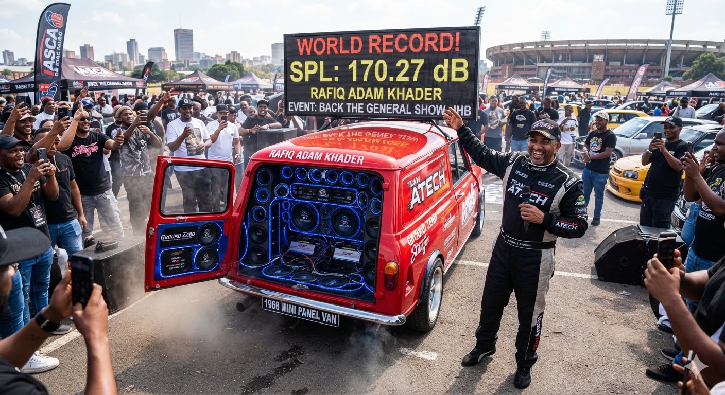 STANGER resident Rafiq Adam Khader has made headlines after achieving a remarkable 170.27dB bass output in his customised 1968 Mini panel van, setting a new world record at the Back the General Show in Johannesburg 5 (1)