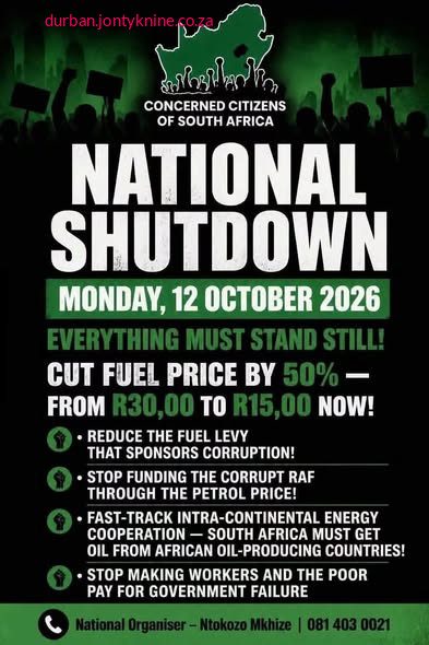 “Concerned Citizens of South Africa” for a National Shutdown on Monday, 12 October 2026.