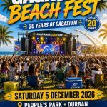 The 13th Annual Gagasi FM Beach Fest takes place on Saturday, 5 December 2026, at Moses Mabhida People’s Park in Durban. It is KwaZulu-Natal’s major summer kick-off event and doubles as a celebration of Gagasi FM’s 20th anniversary on air (the station launched in March 2006 and now reaches over 1.4 million listeners).