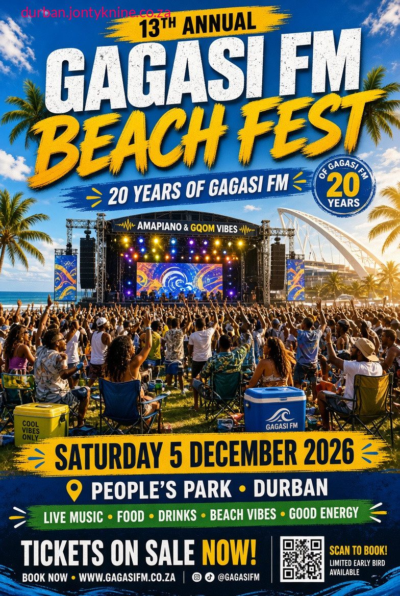 The 13th Annual Gagasi FM Beach Fest takes place on Saturday, 5 December 2026, at Moses Mabhida People’s Park in Durban. It is KwaZulu-Natal’s major summer kick-off event and doubles as a celebration of Gagasi FM’s 20th anniversary on air (the station launched in March 2006 and now reaches over 1.4 million listeners).