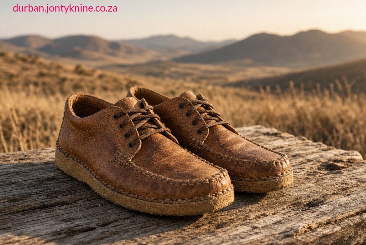 Veldskoene (also called velskoene or colloquially “vellies”) are traditional South African leather walking shoes or light ankle boots with deep roots in indigenous Khoisan footwear, adapted by European settlers, and later influencing global styles such as the Clarks desert boot. They are characterised by soft (often vegetable-tanned or rawhide) leather uppers, a round toe, stitchdown construction without nails or tacks, and a flexible sole. The design prioritises comfort, durability, and suitability for rough terrain.